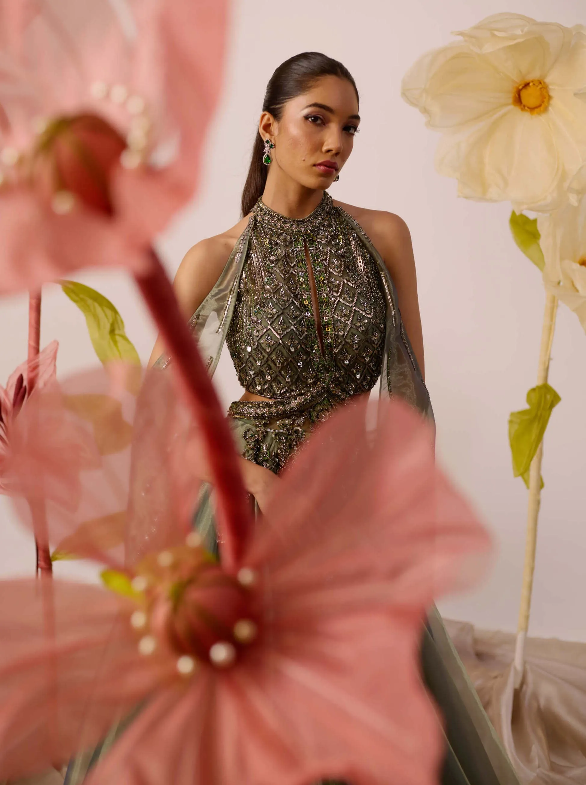 Juniper olive gown with detachable cape