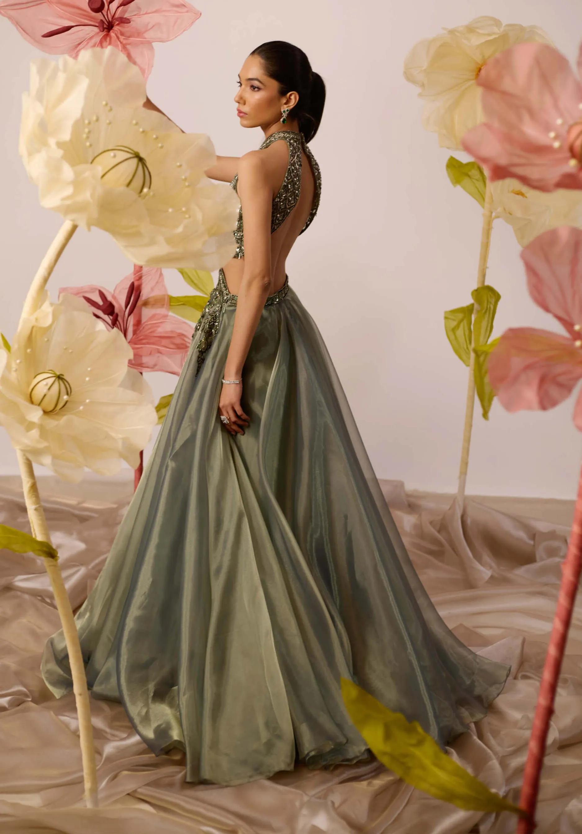 Juniper olive gown with detachable cape