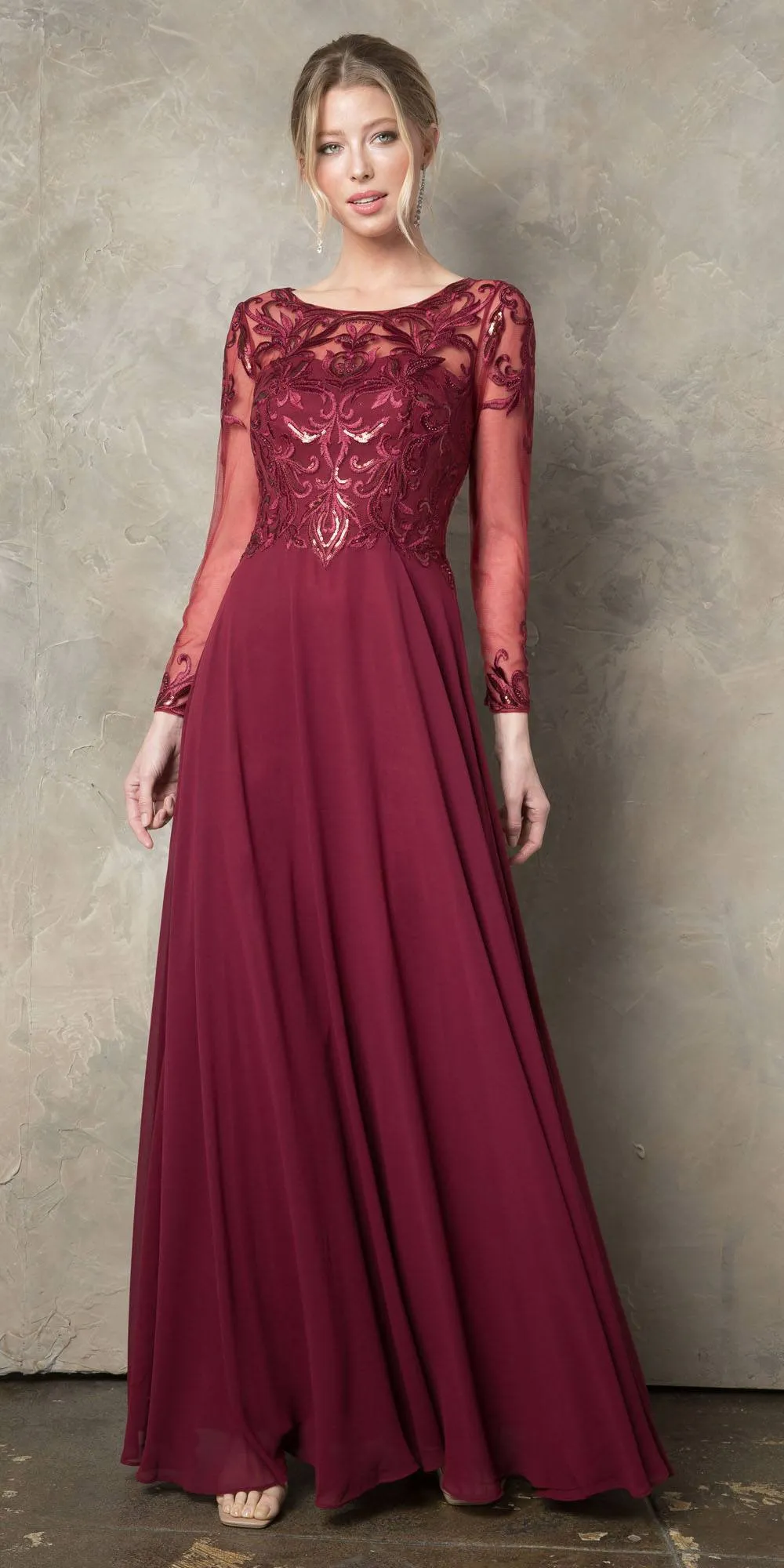 Juno 960 Long A-Line Mother of the Bride Chiffon Long Sleeve Dress