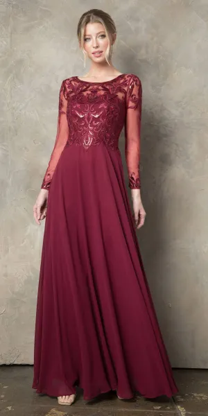 Juno 960 Long A-Line Mother of the Bride Chiffon Long Sleeve Dress