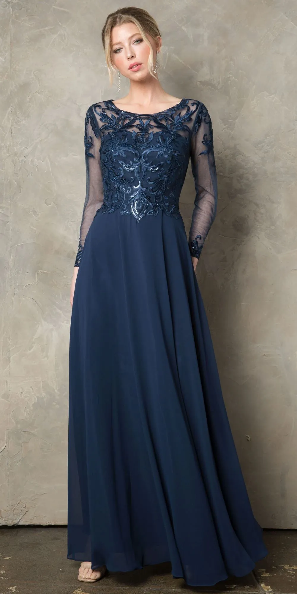 Juno 960 Long A-Line Mother of the Bride Chiffon Long Sleeve Dress