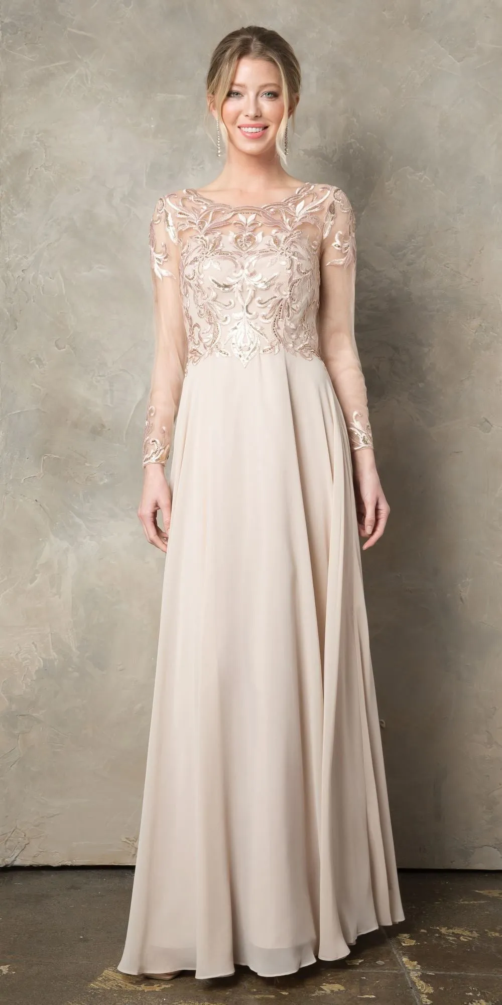 Juno 960 Long A-Line Mother of the Bride Chiffon Long Sleeve Dress