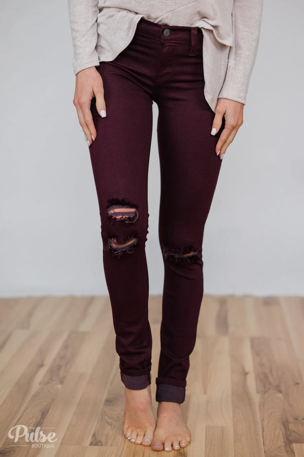 Kan Can Knee Distressed Skinnies- Deep Burgundy