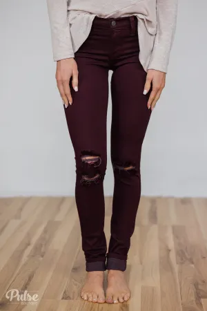 Kan Can Knee Distressed Skinnies- Deep Burgundy