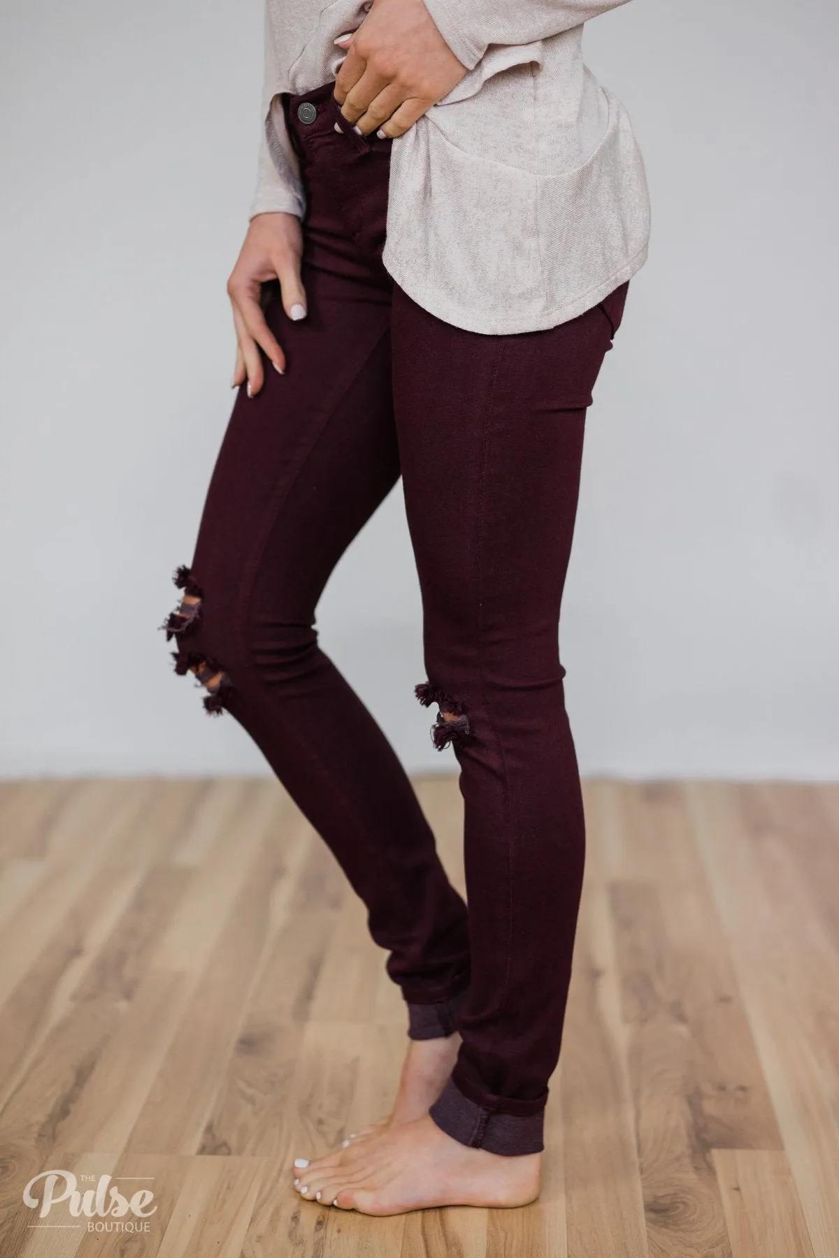 Kan Can Knee Distressed Skinnies- Deep Burgundy