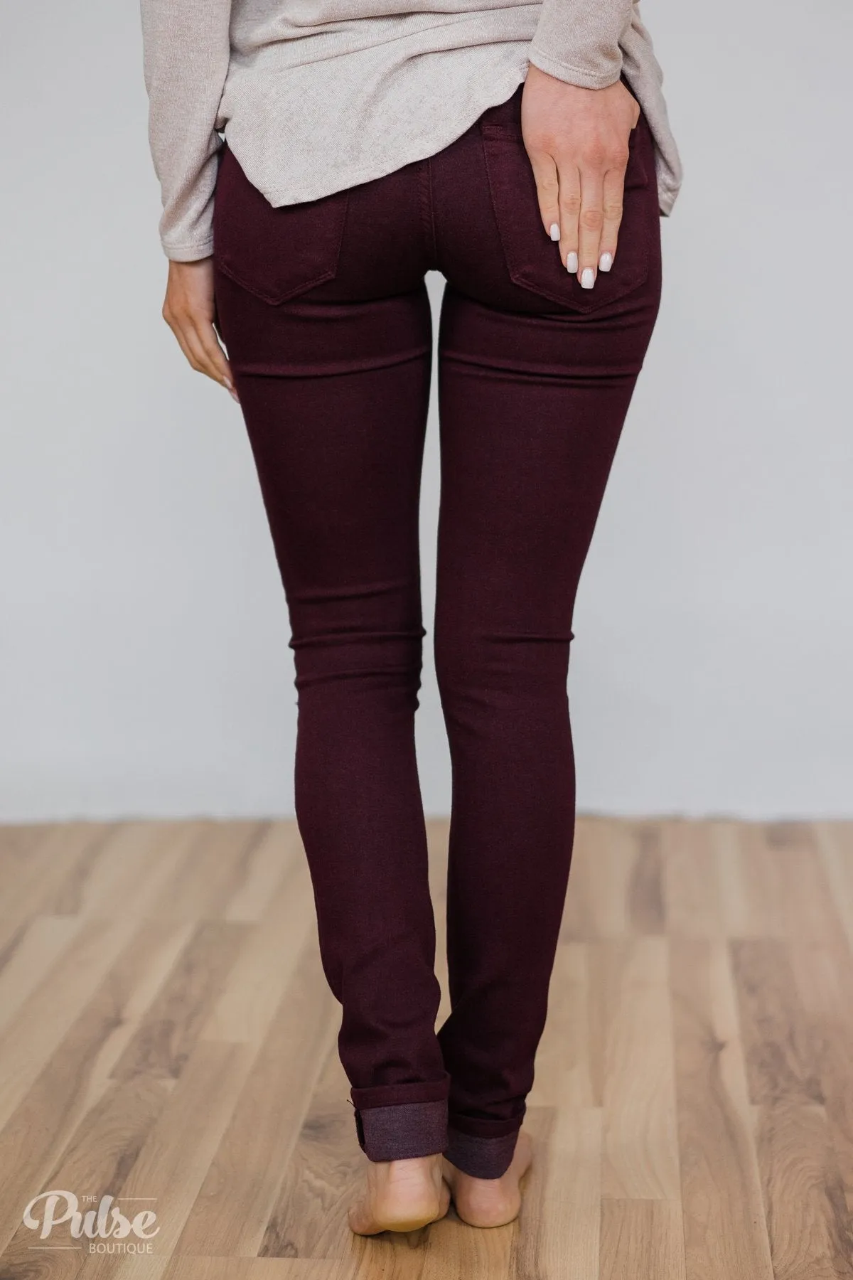 Kan Can Knee Distressed Skinnies- Deep Burgundy