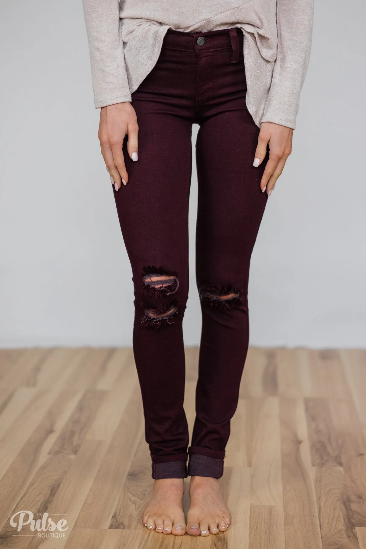 Kan Can Knee Distressed Skinnies- Deep Burgundy
