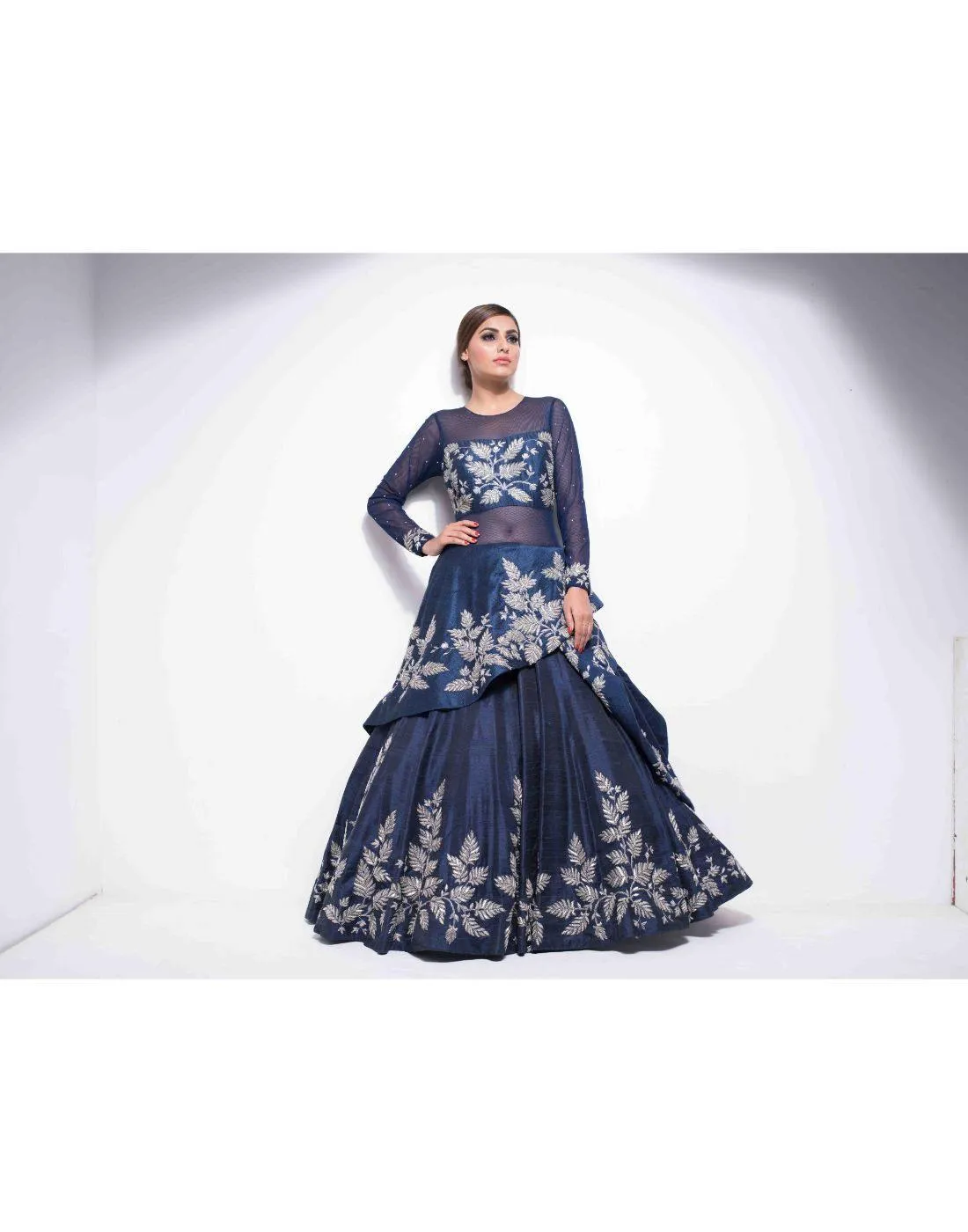 Kaynaat's Deep Blue Drape Gowns With Silver Handwork for Rent