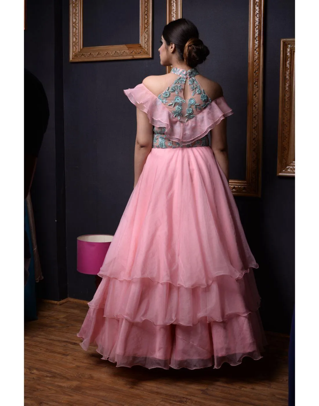 Kaynaat's Pink And Blue Organza Multi Layered Gowns for Rent