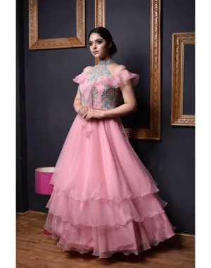 Kaynaat's Pink And Blue Organza Multi Layered Gowns for Rent