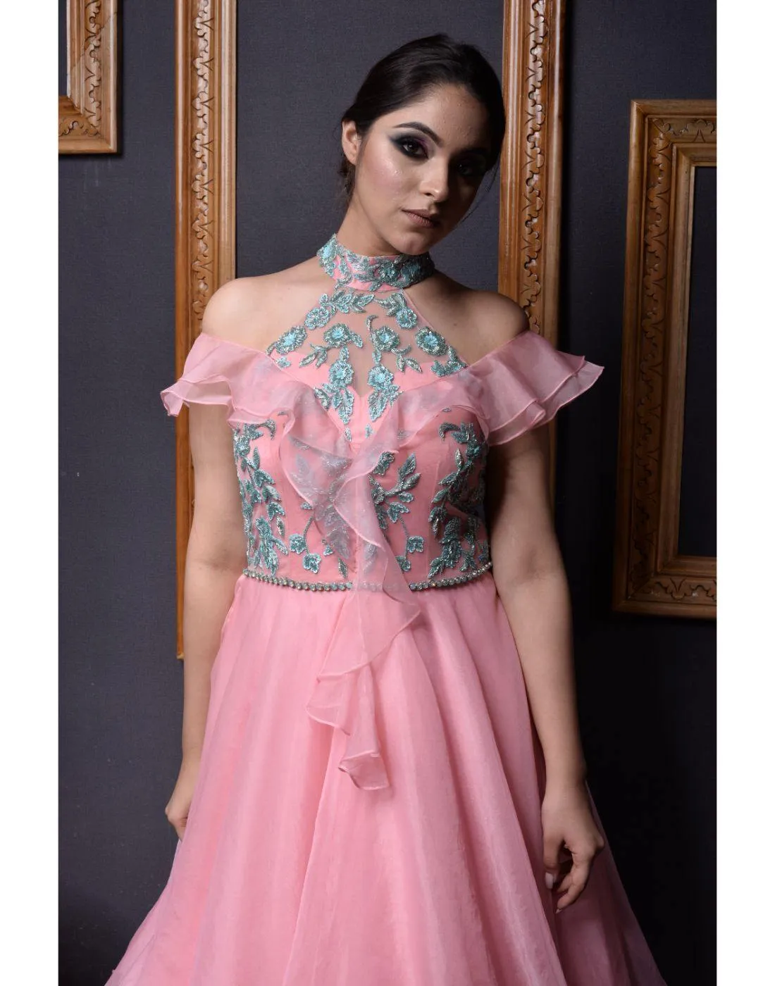 Kaynaat's Pink And Blue Organza Multi Layered Gowns for Rent