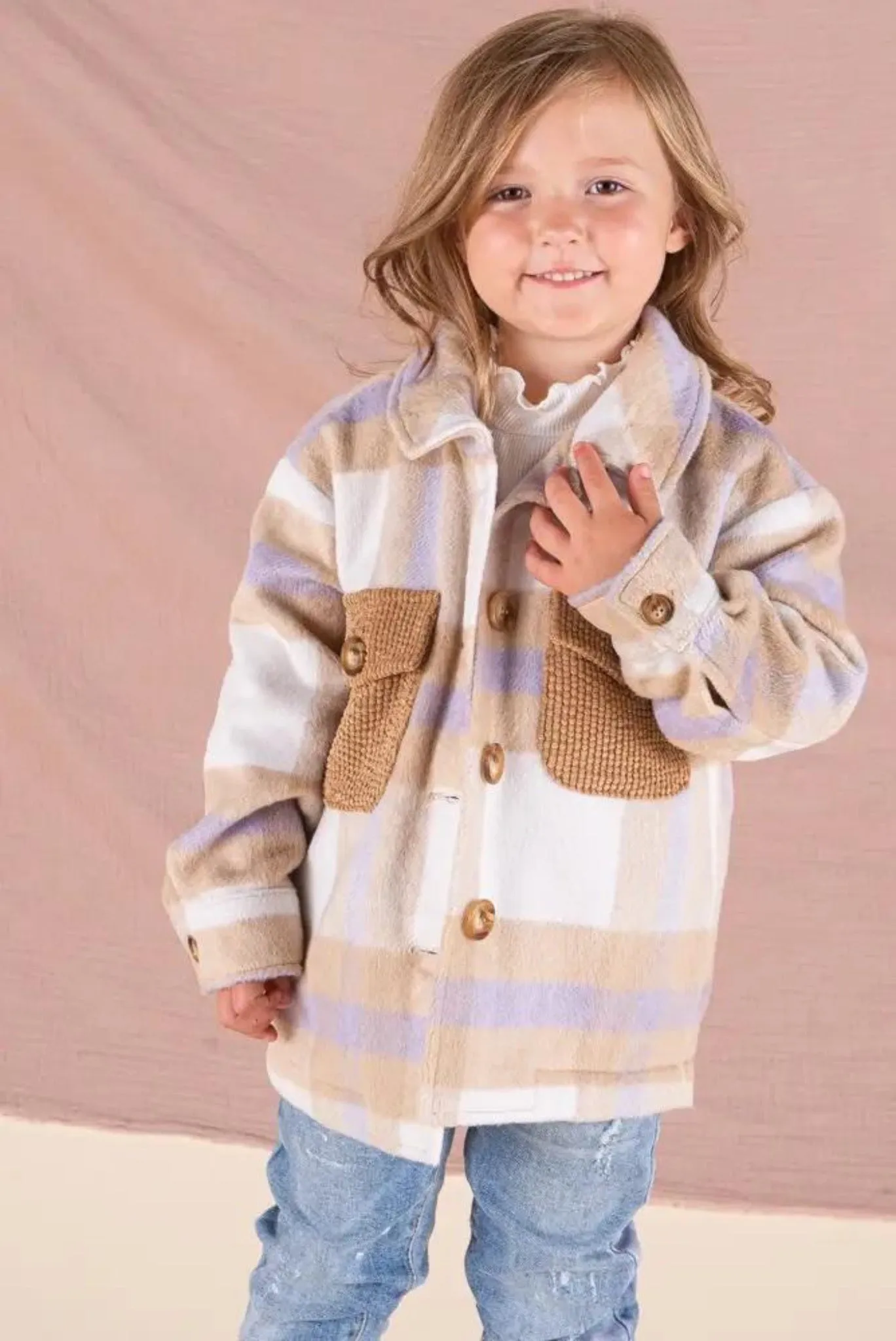 Kids Unisex Plaid Jacket shacket in Lavender and Camel
