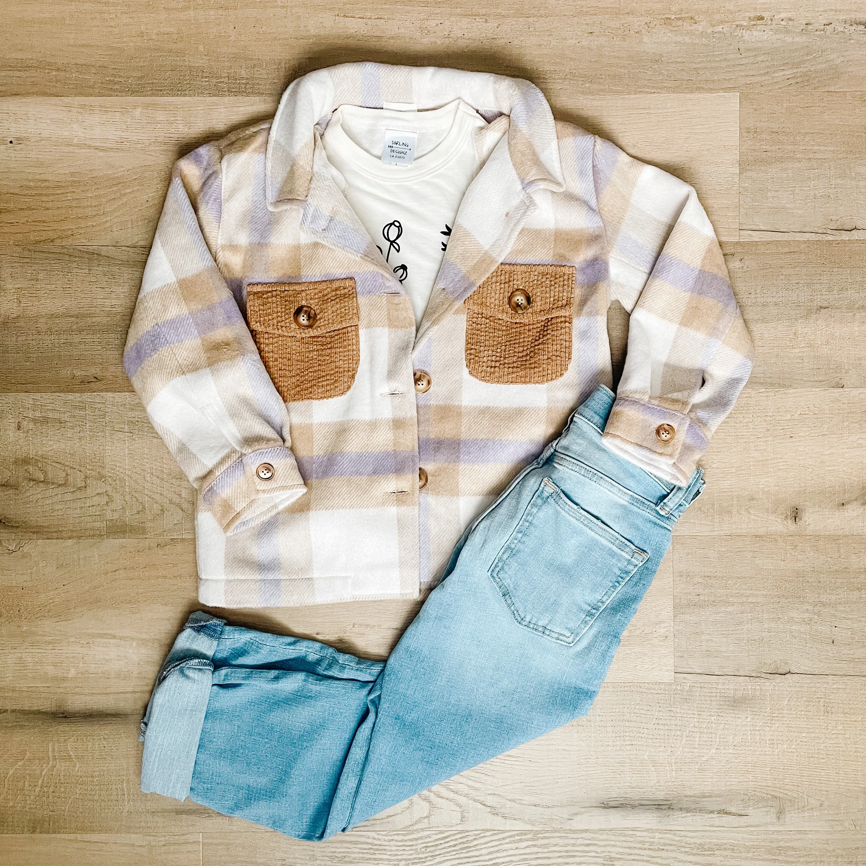 Kids Unisex Plaid Jacket shacket in Lavender and Camel