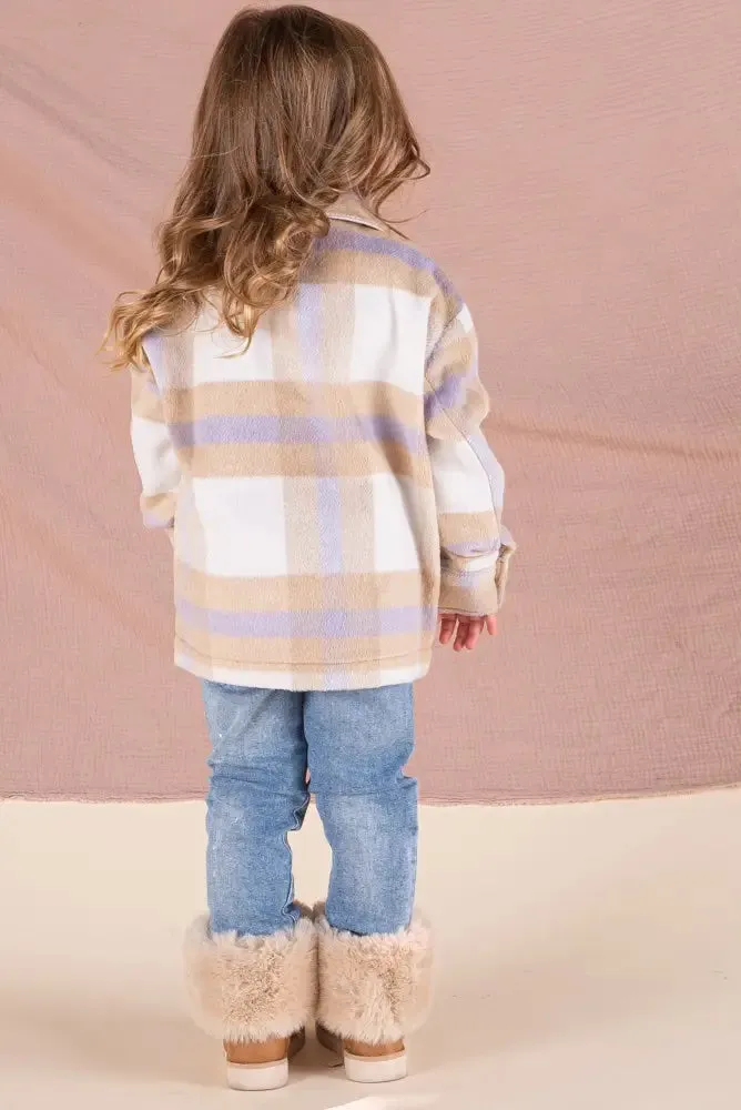 Kids Unisex Plaid Jacket shacket in Lavender and Camel