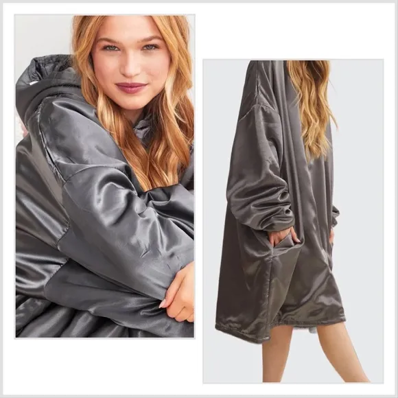 Kitsch Glazey Gray Satin Hoodie Robe One Size Unisex