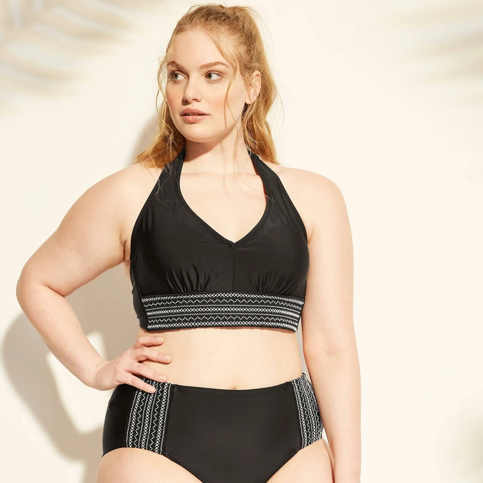 Kona Sol Women's Plus Size Smocked Halter Bikini Top Black 14W