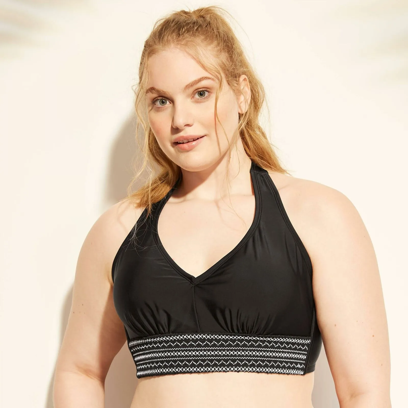 Kona Sol Women's Plus Size Smocked Halter Bikini Top Black 14W