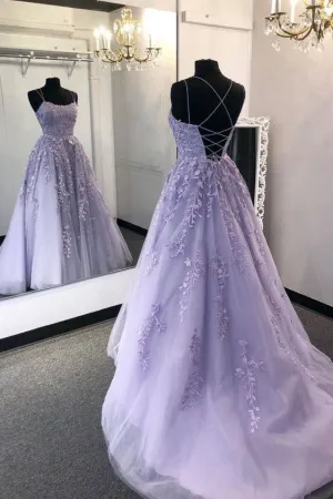 Lace-up Tulle Floral Lace Prom Gowns with Sweep Train