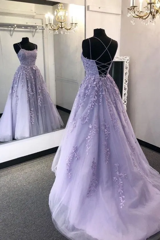 Lace-up Tulle Floral Lace Prom Gowns with Sweep Train