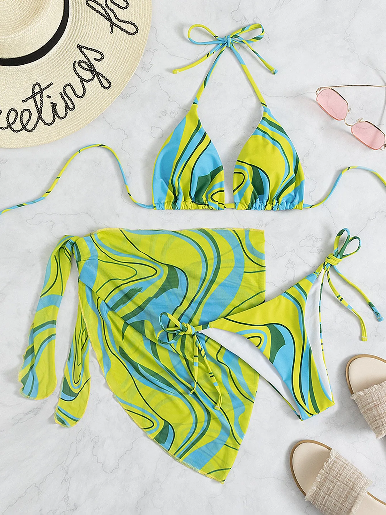 Ladies Backless Bikini 3 Piece Halter Beach Set