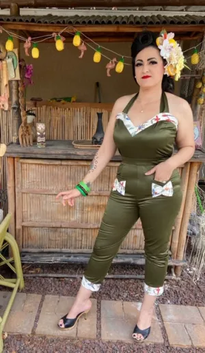 Lady De Jumpsuit in Green with White Tiki Bird Print