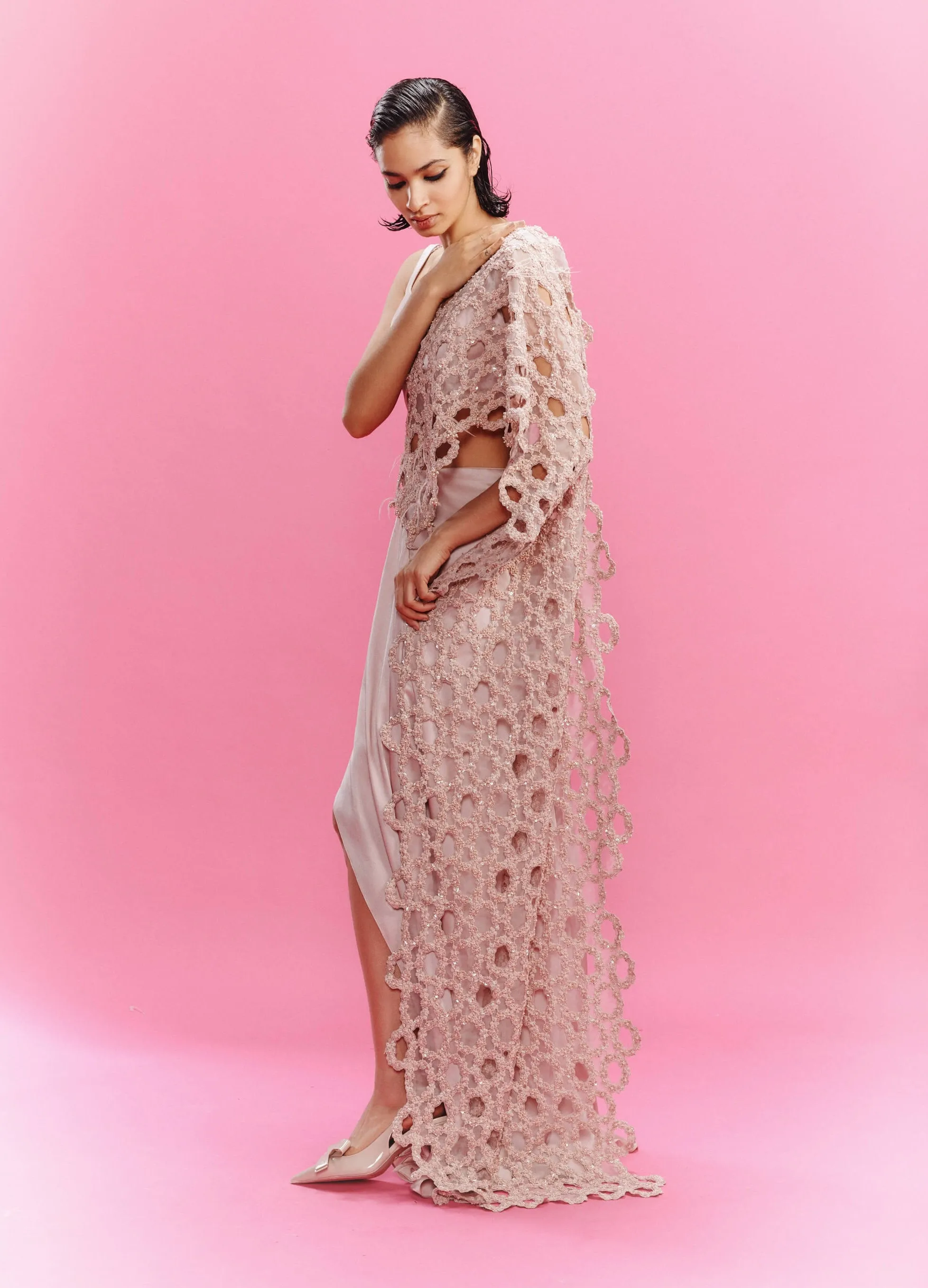 Lamara dusky peach satin draped gown