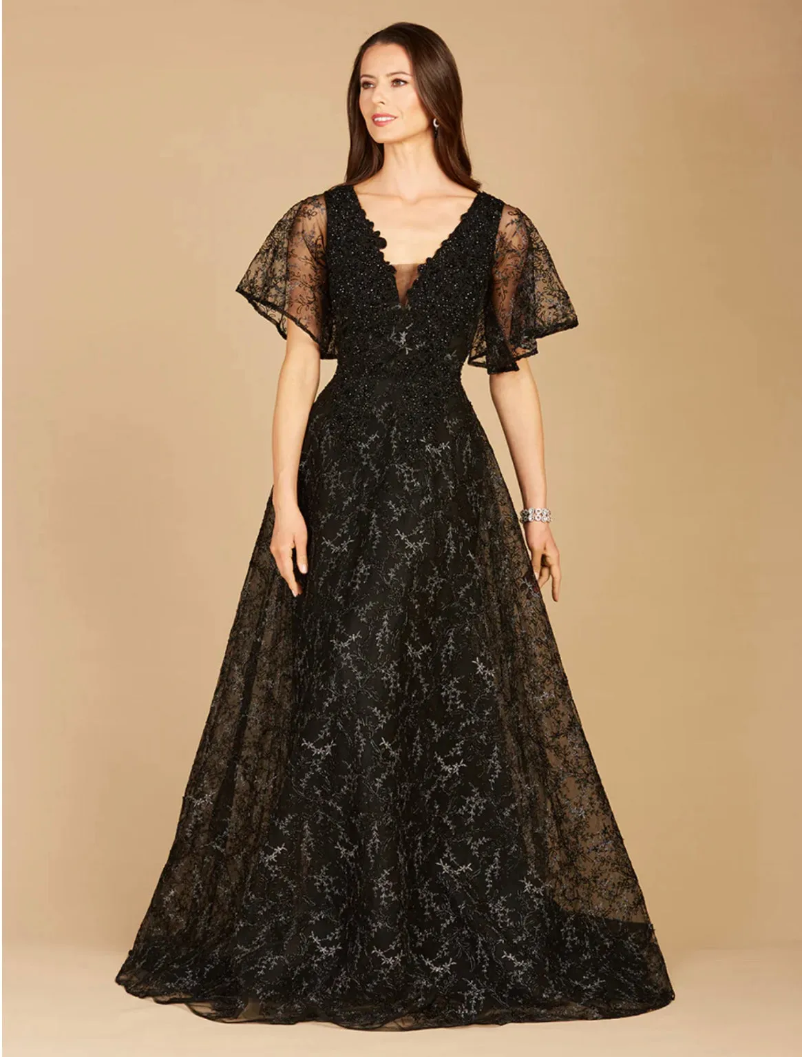 Lara Black Cape Sleeve Beaded Gown 29302