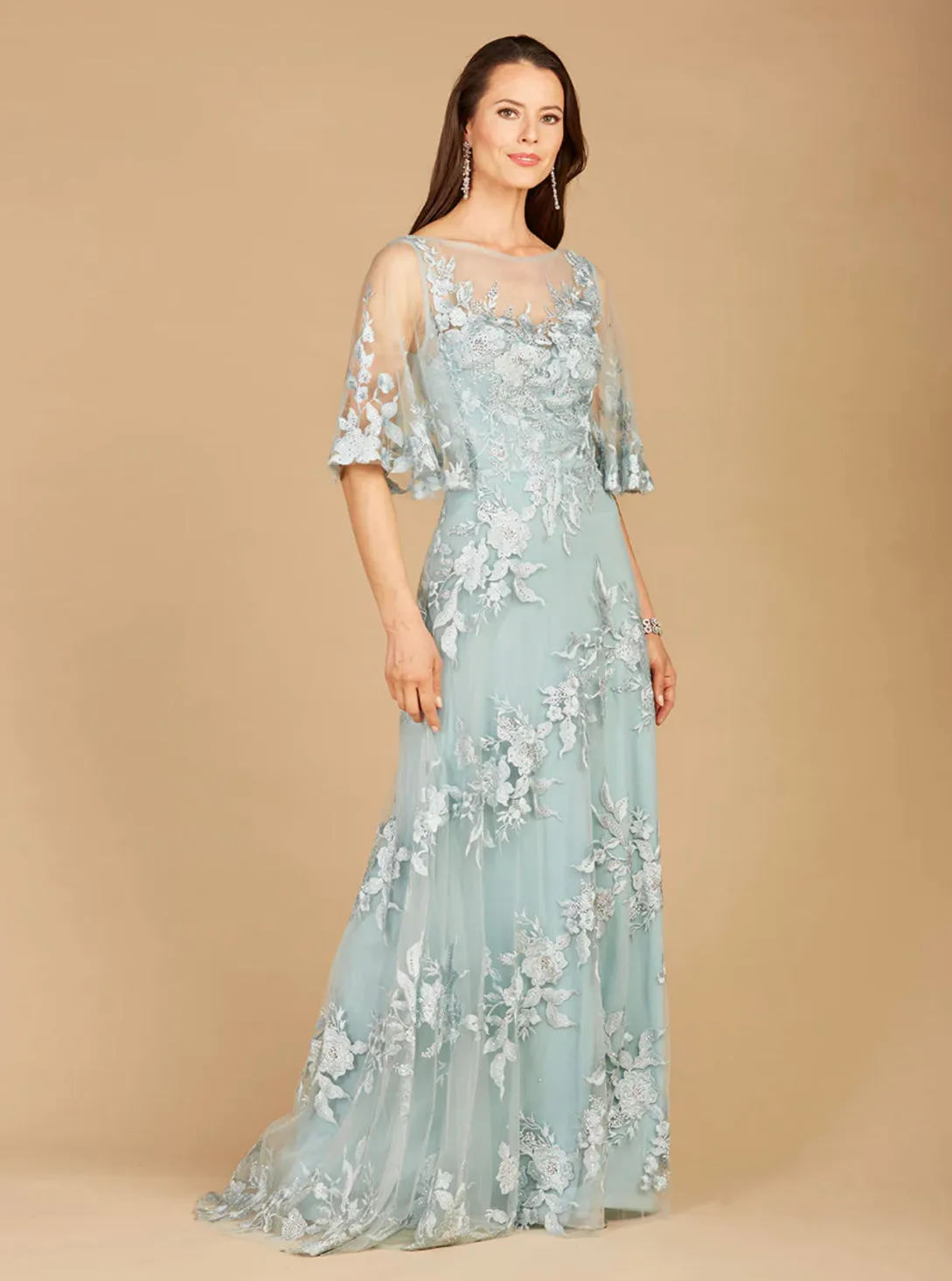 Lara Dusk Cape Sleeves A-Line Lace Gown 29772
