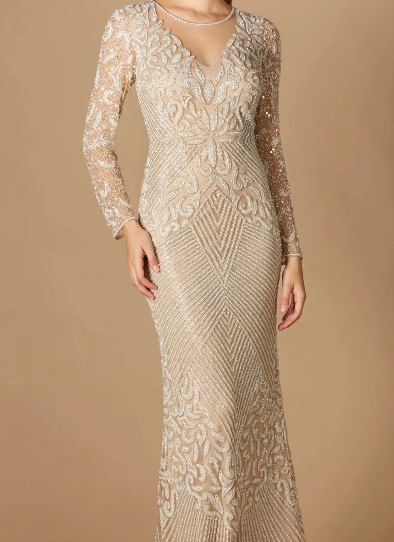 Lara Ivory/Nude Fitted Long Sleeve Beaded Gown 29360