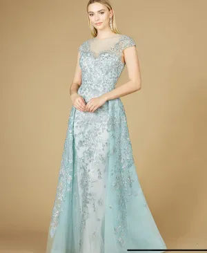 Lara Light Blue Floral Appliques High Neck Gown 29798