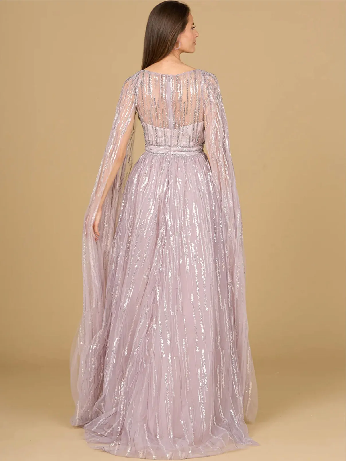 Lara Orchid A-Line Gown with Long Cape Sleeves 29150