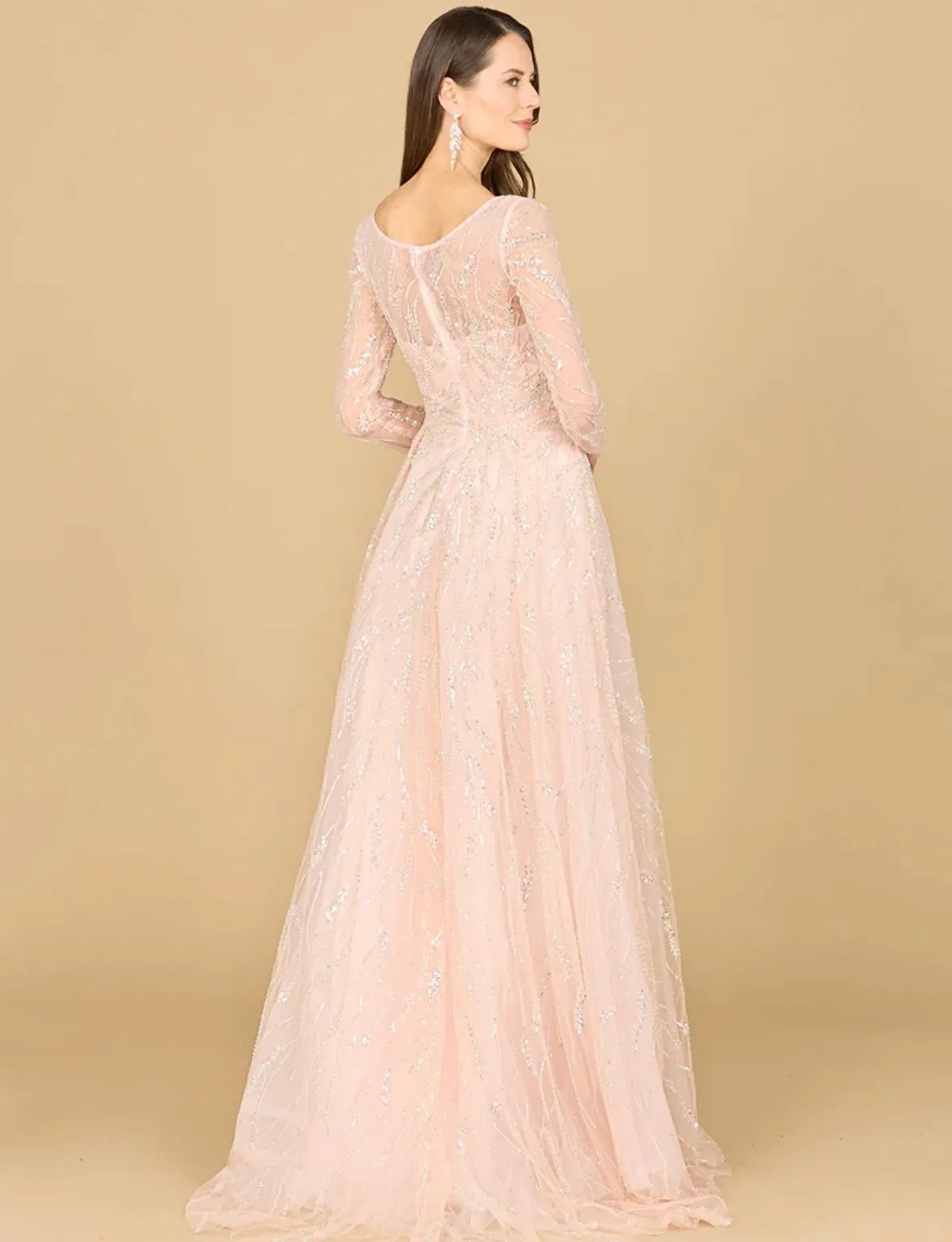 Lara Powder Pink Long Sleeve Beaded Lace Gown 29157
