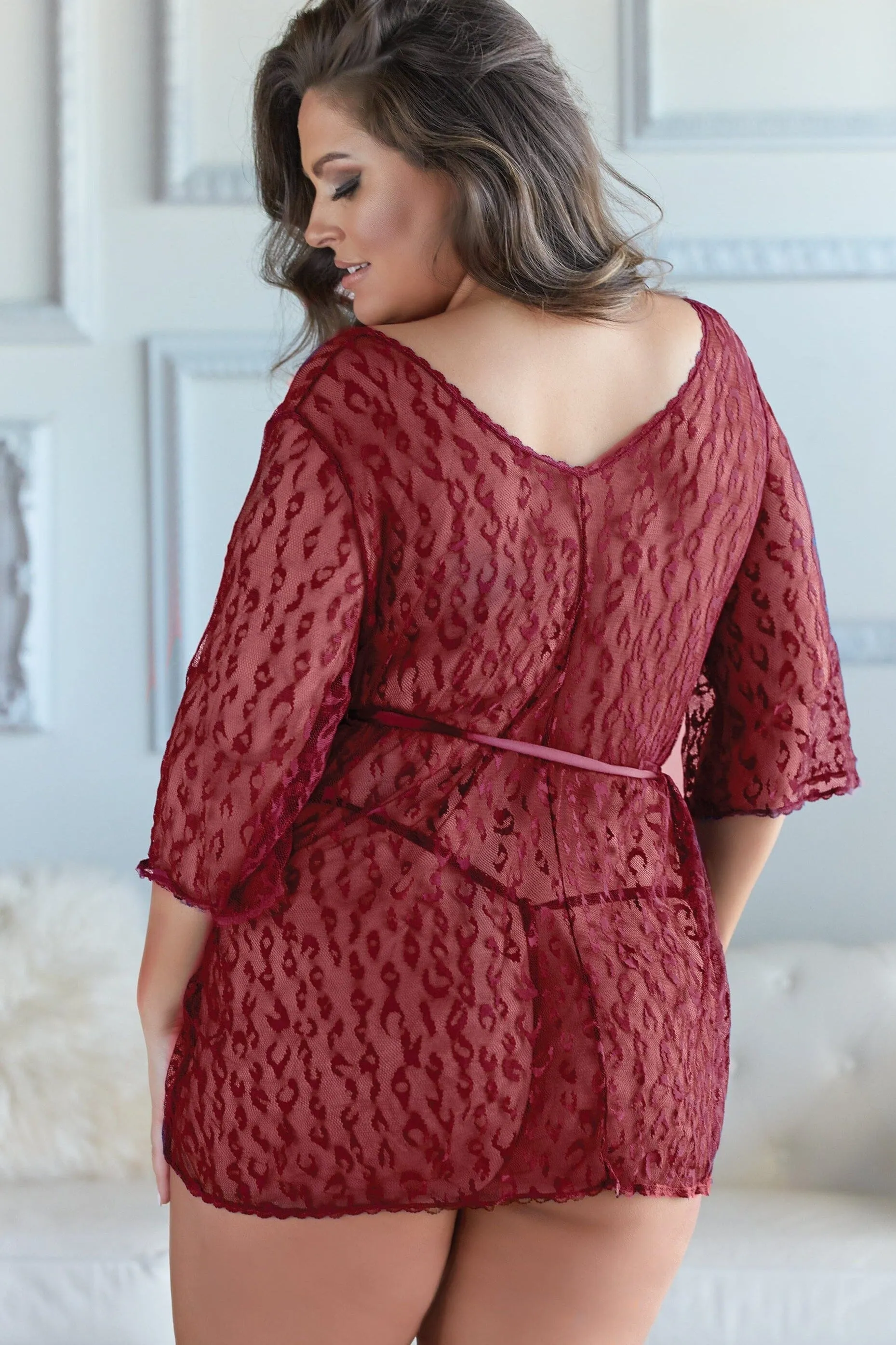 Leopard Lace Robe With G-String Burgundy