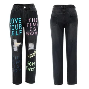 Letter Distressed Denim Pants