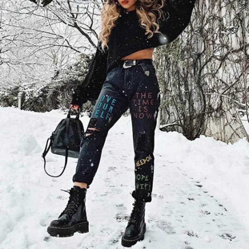 Letter Distressed Denim Pants