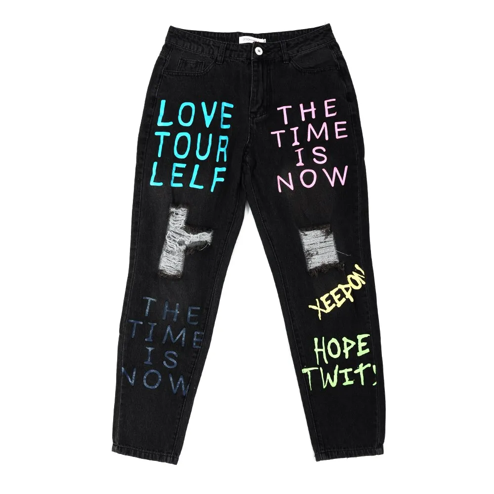 Letter Distressed Denim Pants