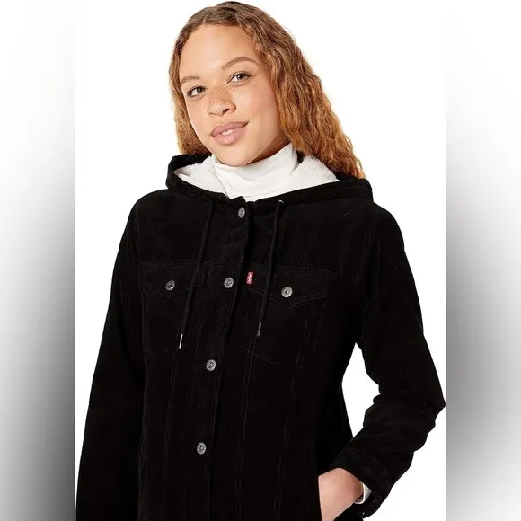 Levi's black Women's The Mia Corduroy Hooded Sherpa Trucker zip button Jacket