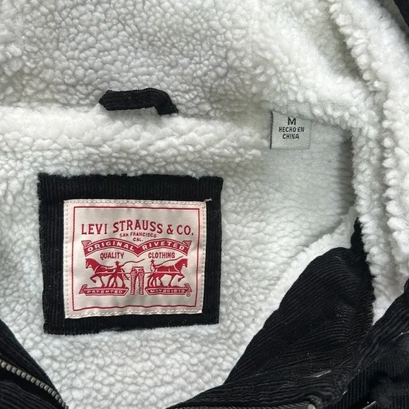 Levi's black Women's The Mia Corduroy Hooded Sherpa Trucker zip button Jacket