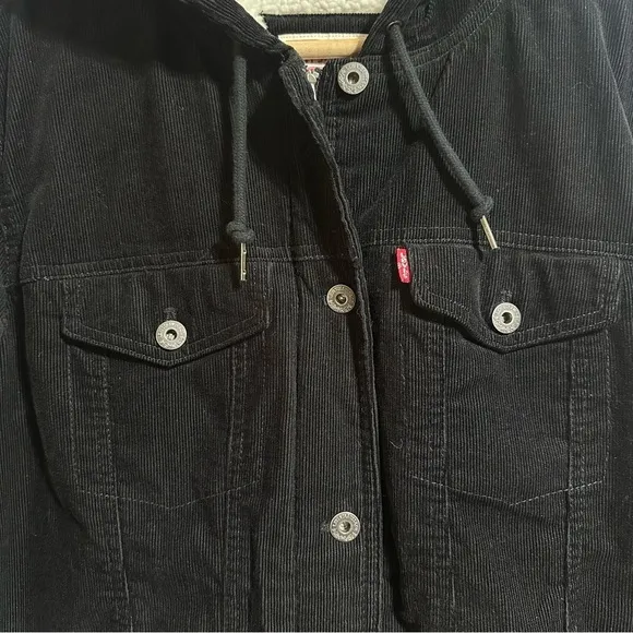 Levi's black Women's The Mia Corduroy Hooded Sherpa Trucker zip button Jacket