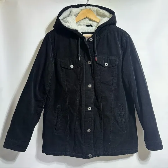 Levi's black Women's The Mia Corduroy Hooded Sherpa Trucker zip button Jacket
