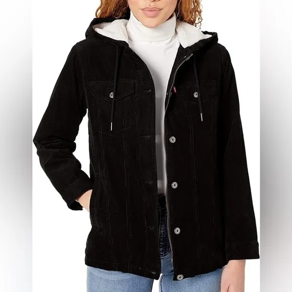 Levi's black Women's The Mia Corduroy Hooded Sherpa Trucker zip button Jacket