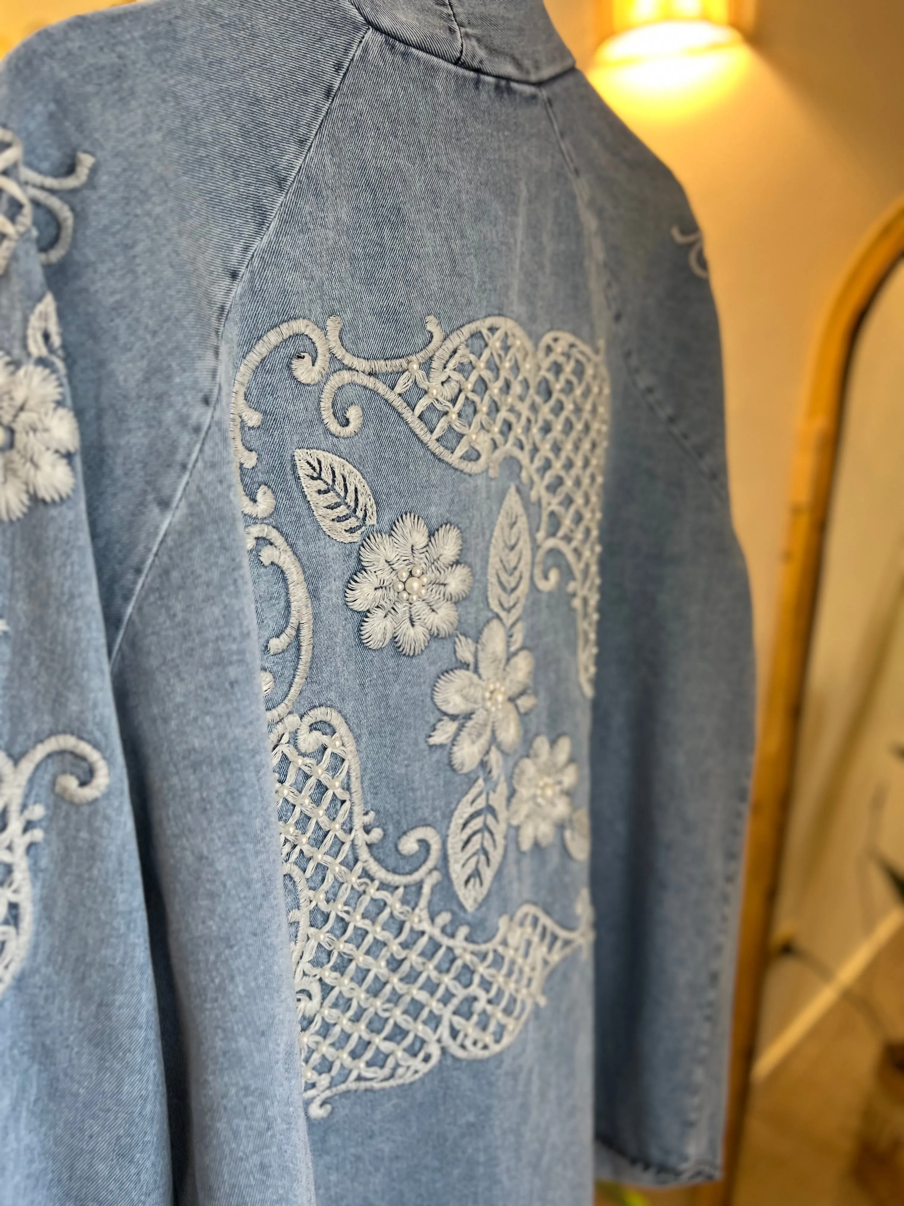 Light Blue Denim Embroidered Floral Kimono
