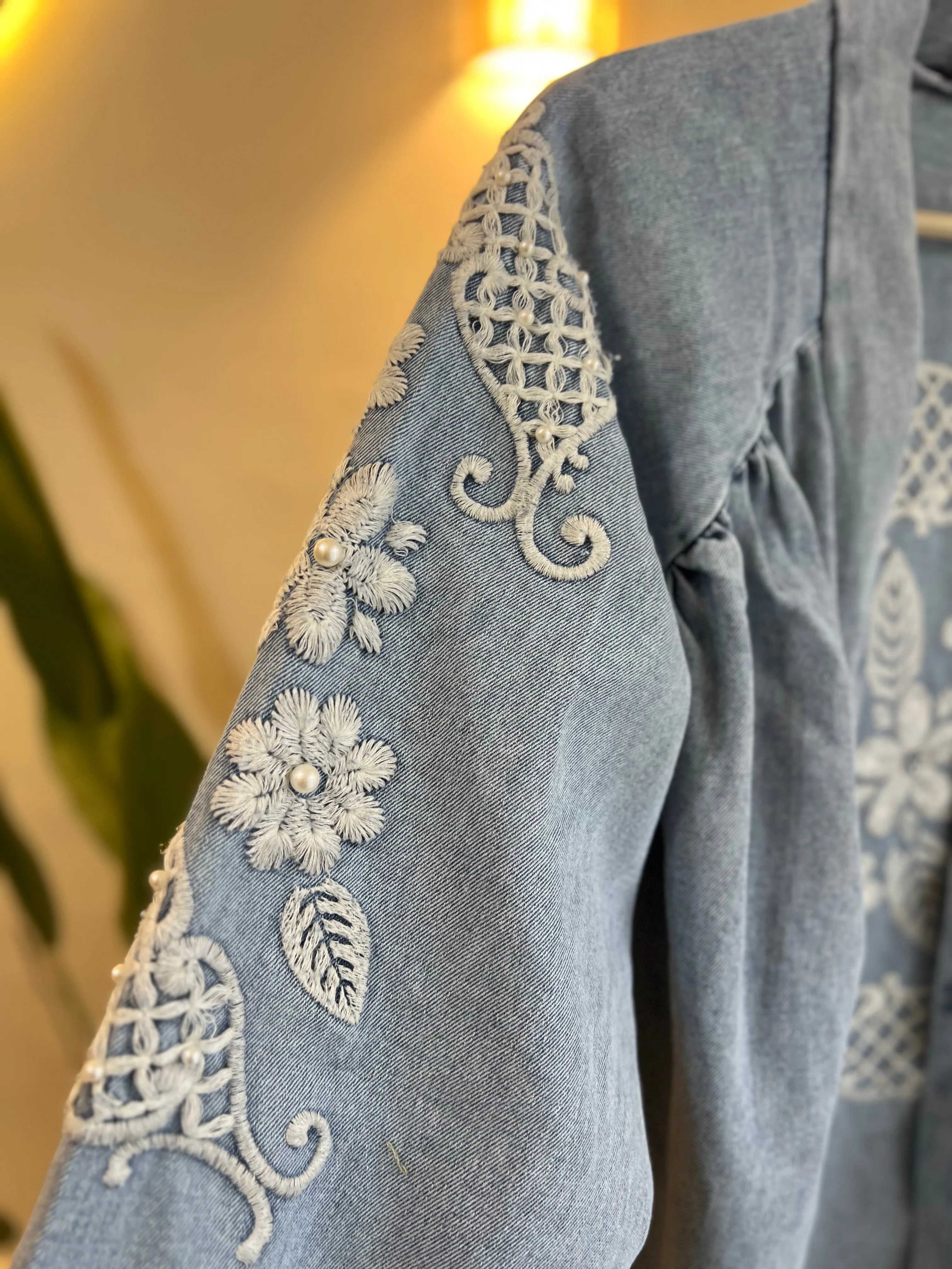 Light Blue Denim Embroidered Floral Kimono