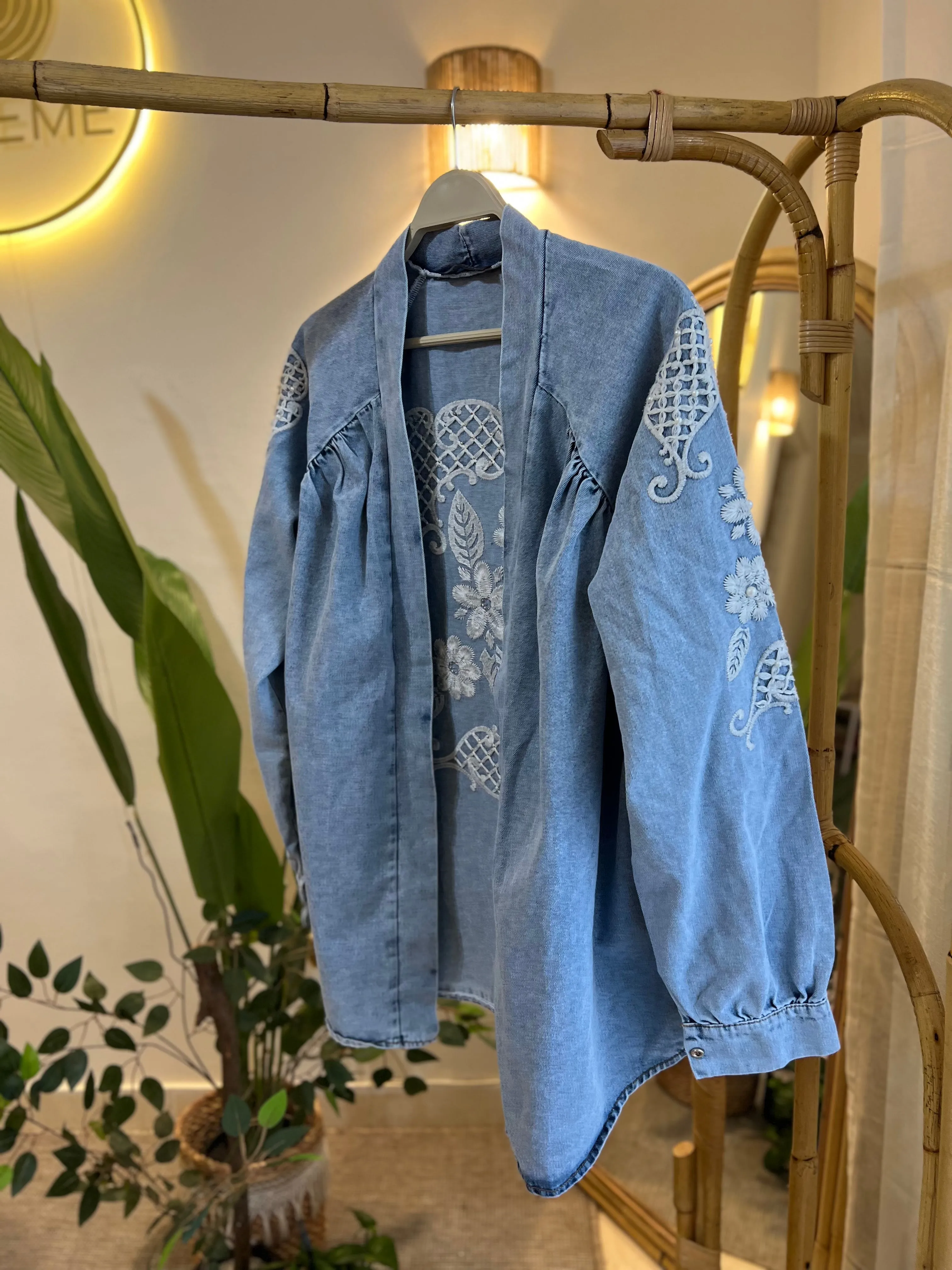 Light Blue Denim Embroidered Floral Kimono