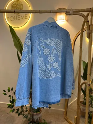 Light Blue Denim Embroidered Floral Kimono