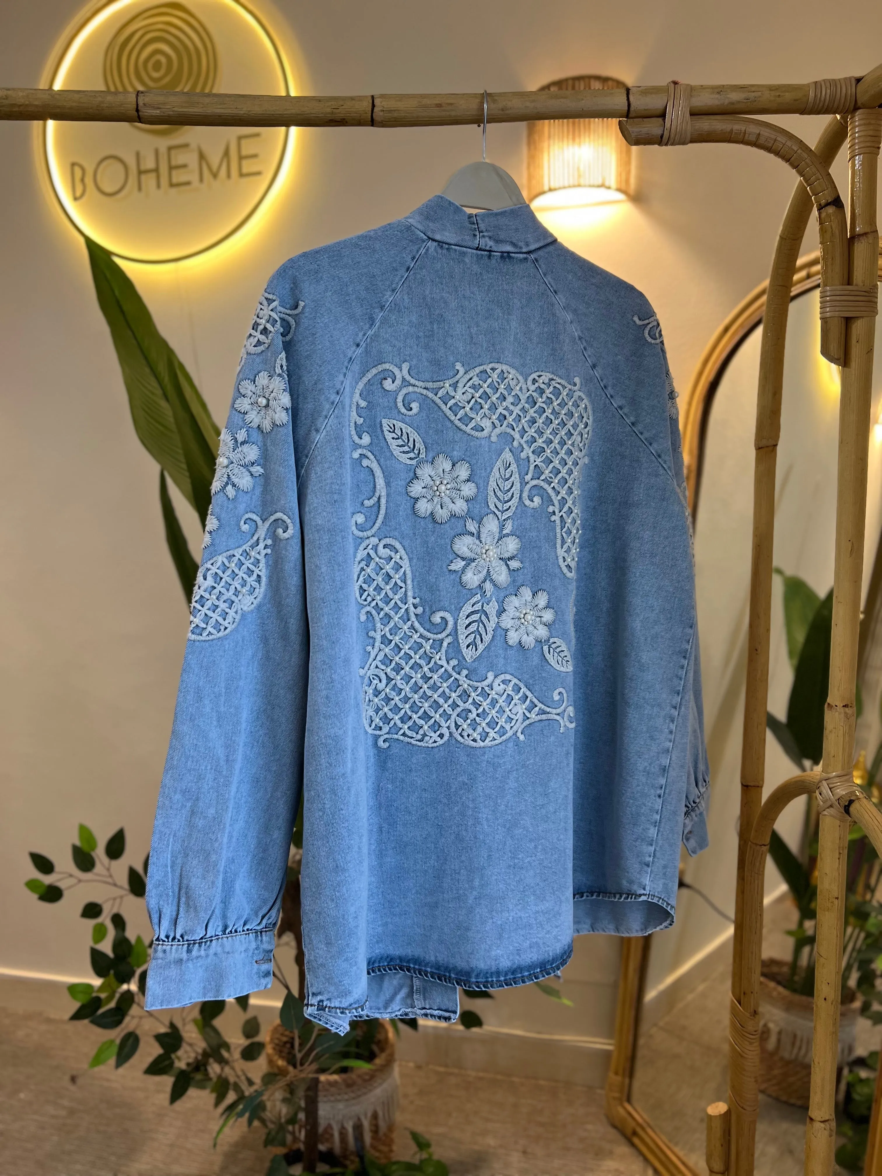 Light Blue Denim Embroidered Floral Kimono
