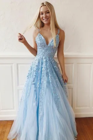 Light-blue Floral Lace Prom Dresses Tulle Skirt V-neckline