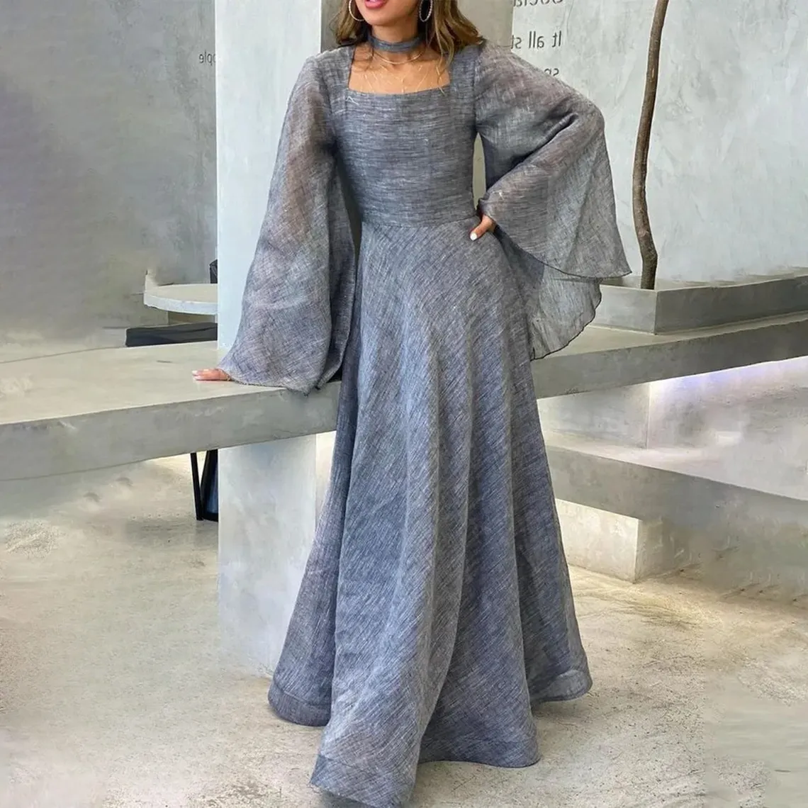 Light Blue Long Sleeves A-Line Long Formal Party Dress Modest Evening Dress, DP4981