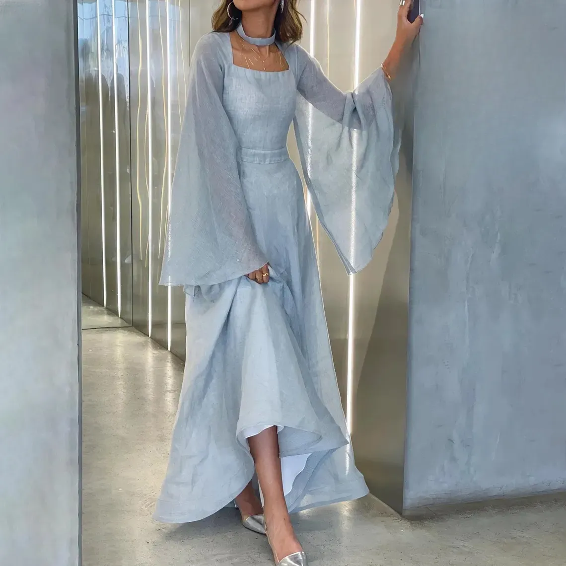 Light Blue Long Sleeves A-Line Long Formal Party Dress Modest Evening Dress, DP4981