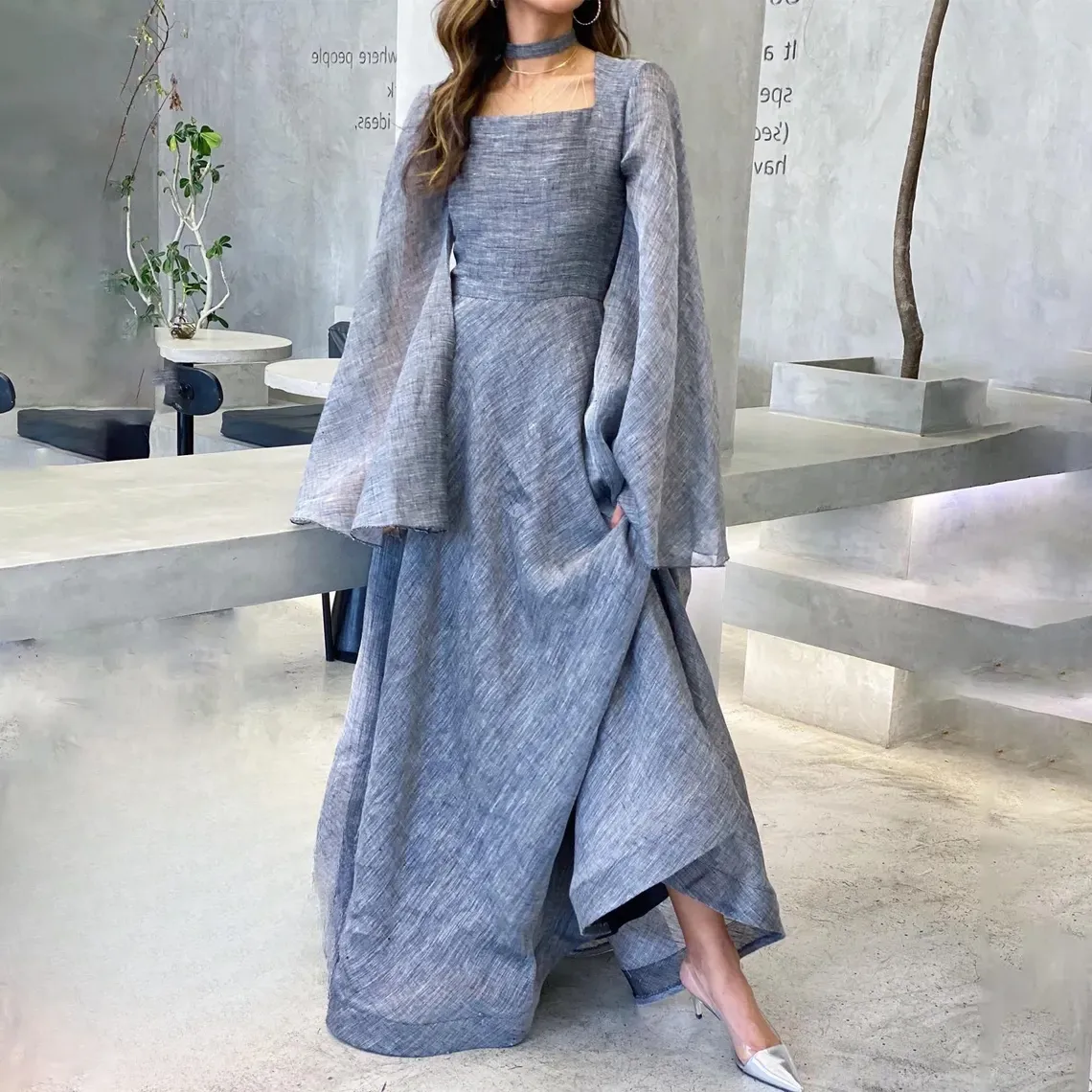 Light Blue Long Sleeves A-Line Long Formal Party Dress Modest Evening Dress, DP4981